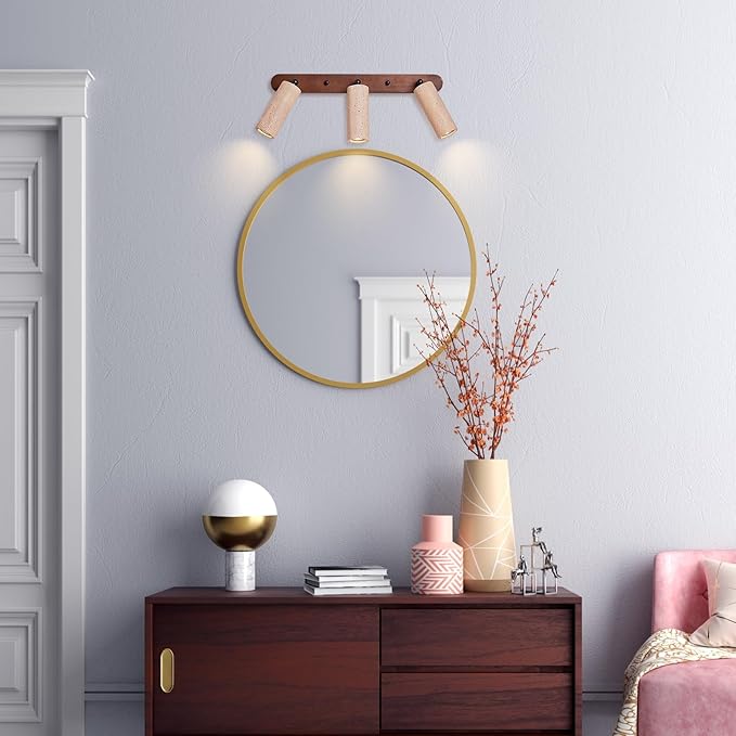 3-Lights Bathroom Vanity Light Fixtures for Over Mirror, 21" Wabi Sabi Marble Wall Sconce with Adjustable Natural Stone Lampshade & Wood Base, Yellow Travertine Wall Lamp for Bedroom