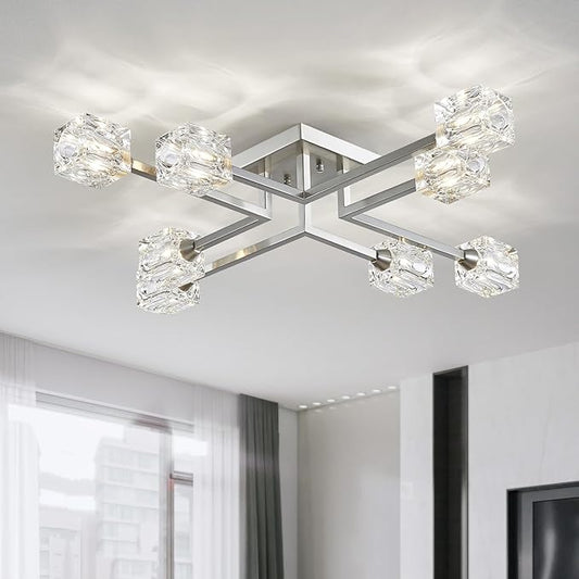XINGQI 8-Lights Semi Flush Mount Ceiling Light Fixture, Modern Chandelier Brushed Nickel Lighting Fixtures Sputnik Chandeliers for Dining Room Living Room Kitchen Bedroom Entryway - Aura Lighting