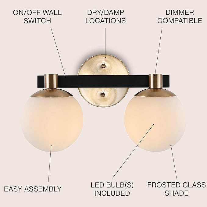 JONATHAN Y 5.75" Brass Gold/Black Modern Globe LED Vanity Wall Sconce Light, White Frosted Glass Shade, Mid-Century Art Deco Wall Lamp for Bathroom, Kitchen, Hallway (JYL3541A)