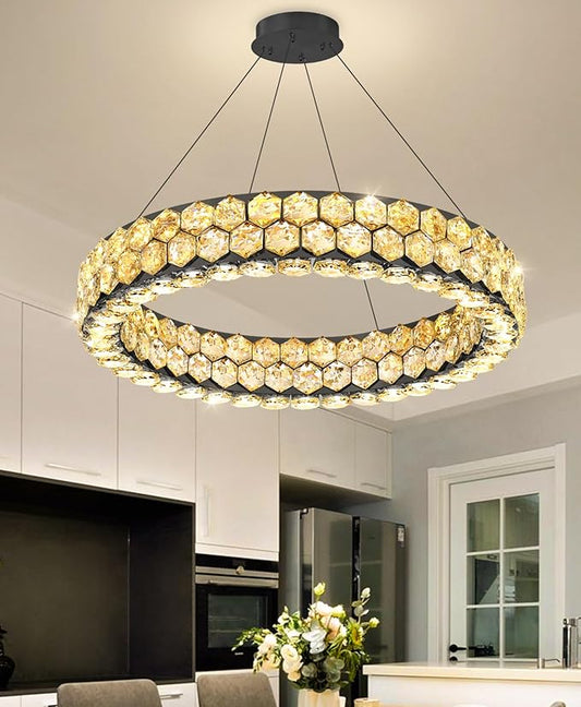 Modern Ring Chandelier, Crystal Chandeliers for Dining Room Round LED Ceiling Light Fixture for Living Room Bedroom Lighting Dimmable with Remote Black