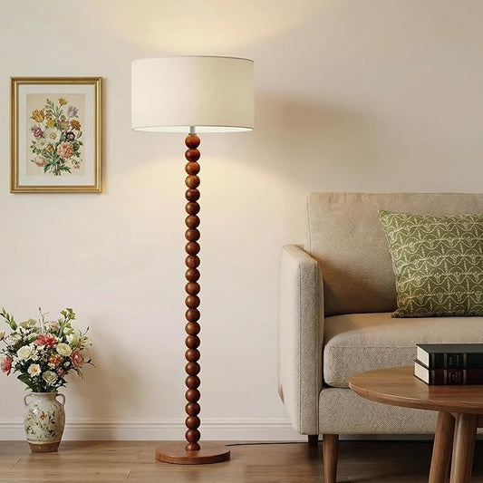 Buruis 61" Beaded Wood Floor Lamp with 17.2" Large Linen Shade, UL Listed, Retro Mid-Century Accent Walnut Finish Standing Lamp for Living Room, Bedroom, Office, Corner, Bulb Not Included, Cream