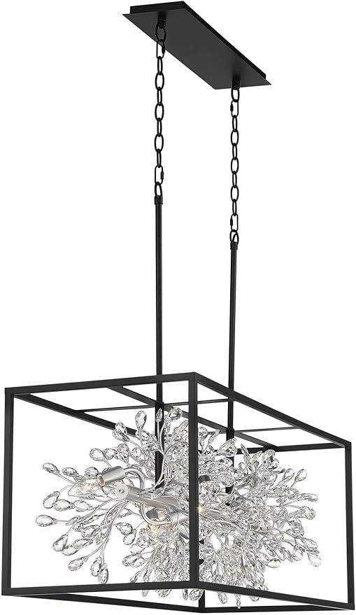 Possini Euro Design Carrine Black Silver Metal Rectangle Linear Pendant Chandelier 38 1/2" Wide Modern Clear Crystal Flower Vine 8-Light Fixture for Kitchen Island Dining Room House High Ceilings - Aura Lighting