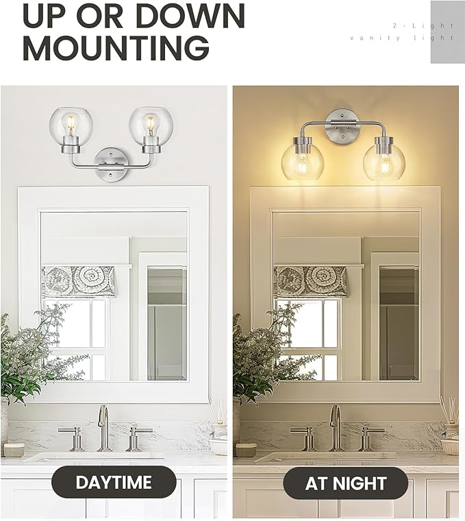 zeyu Modern Bathroom Vanity Lamp, Globe Vanity Light for Bathroom, 2-Light Wall Mirror Light, Brushed Nickel Finish with Clear Glass Shade, ZS62BG-2W BN