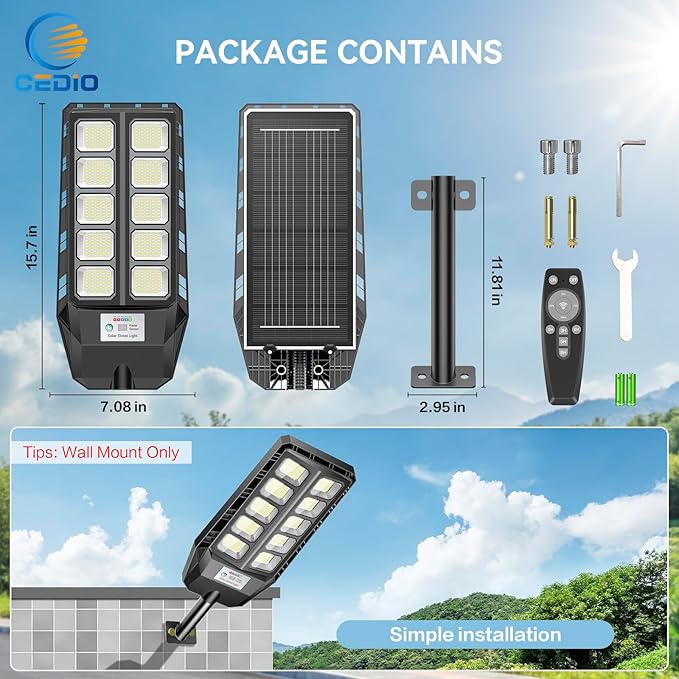 CEDIO 6500W Solar Light Outdoor, Solar Street Lights Outdoor IP66 Waterproof, 6500K Dusk to Dawn LED Security Flood Lights Motion Sensor with Remote Control for Yard(6500K-2PACK)
