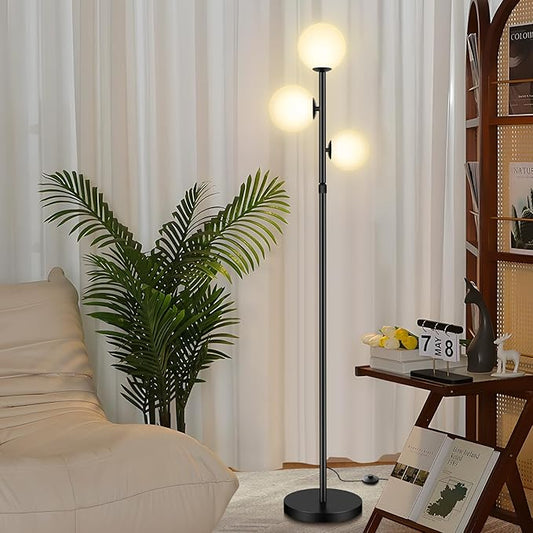 67" Mid Century Floor Lamps for Living Room, 3 Globe Floor Lamp with Frosted Glass Shades, Adjustable Height Standing Lamp with Foot Switch, Tall Lamps for Bedroom Office, G9 Bulbs Included, Black - Aura Lighting