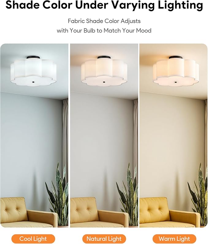 VONLUCE Semi-Flush Mount Ceiling Light, 15.7" Modern 3-Light Ceiling Light Fixture with White Petal-Shaped Shade 3 E26 Sockets for Bedroom Entryway Living Room, Black Finish, ETL Certificated - Aura Lighting