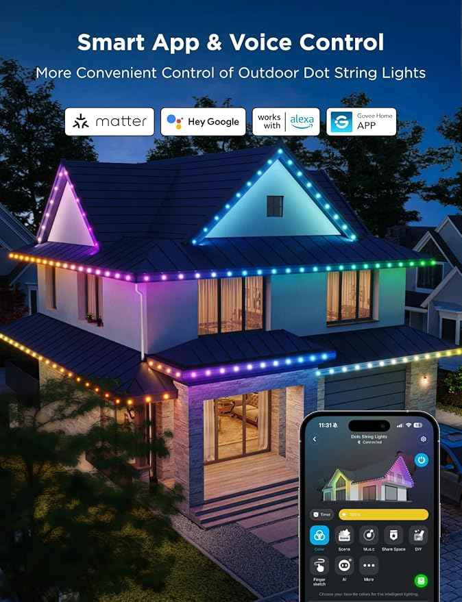 Govee Outdoor LED Strip Lights, 45 RGBIC LED Lights 50FT String Lights with 65 Scene Modes, Halloween Decoration Work with Alexa, Google, APP Control, IP65 Waterproof