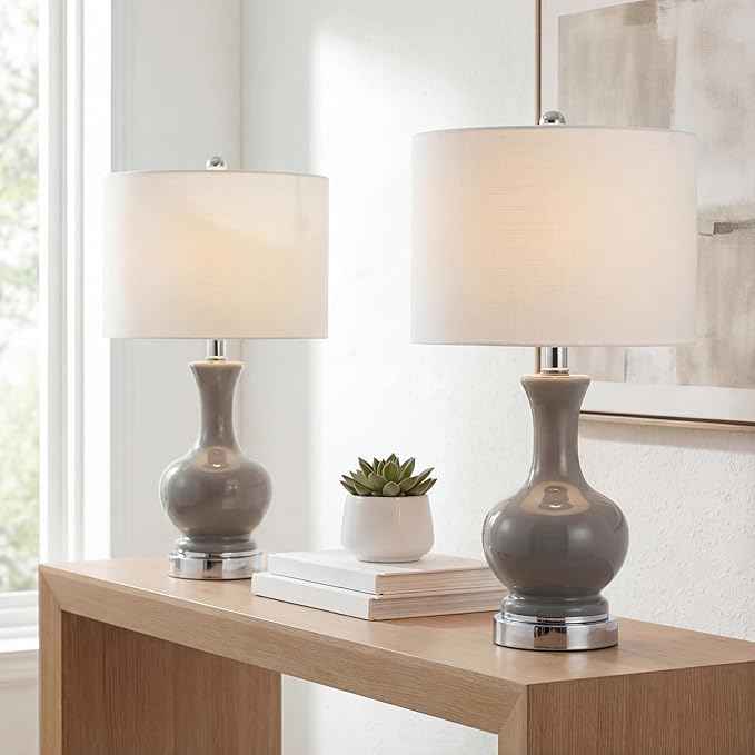 JONATHAN Y 21.5" Gray/Chrome Modern Glass Table Lamp Set of 2, Brass Gold Bedside Lamp with White Linen Shade for Bedroom Living Room, LED Bulbs Included (JYL4033B-SET2)