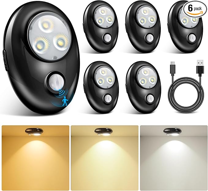 LightingWill Motion Sensor Puck Lights, Dimmable Under Cabinet Light, 3 Color Modes Closet Lights, Rechargeable Wireless Puck Lights for Kitchen, Closet, Stairs (6 Pack)