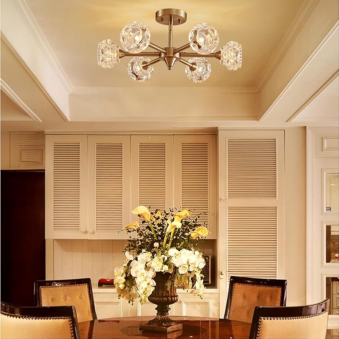 XINGQI Modern Sputnik Chandelier 6-Light Semi Flush Mount Ceiling Light Fixture Brushed Nickel Ceiling Lighting for Bedroom Entryway Dining Room Living Room Kitchen - Aura Lighting