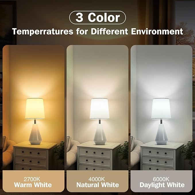 Small Bedside Table Lamp for Bedroom - Reading Desk Lamp with 3 Color Temperatures，15.5" Nightstand Ceramic Lamp with Fabric Shade for Kids Room,Living Room,Dorm,Home Office (White)