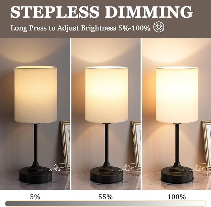 Touch Control Cordlss Table Lamp, USB-C Rechargeable Lamp with Stepless Dimming, 4000mAh Battery Operated Bedside Lamp for Bedroom, Living Room, Night Light & Emergency Lighting, Black, 2 Pack