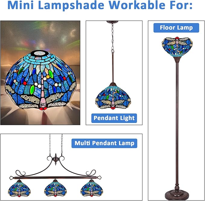 Capulina Tiffany Lamp Shade 12 Inches Wide Accessories Replacement Blue Dragonfly Style Stained Glass Lampshade for Torchiere Floor Lamp and Pendant Light