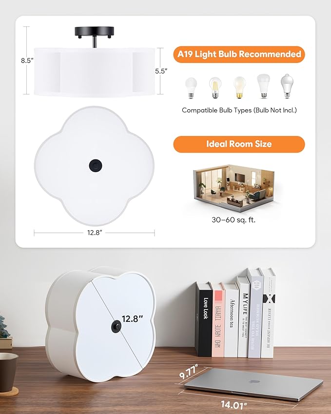 VONLUCE Semi-Flush Mount Ceiling Light, 12.8" Modern 4-Light Ceiling Light Fixture with White Clover-Shaped Shade 4 E26 Sockets for Bedroom Entryway Living Room, Black Finish, ETL Certificated - Aura Lighting