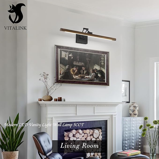 VitaLink LED Picture Light, 27.5" Hardwired Wooden Dimmable Wall Light with Adjustable Swing Arm Wall Pictures Artworks Paintings Display Lighting Bathroom Wall Lamp Vanity Light 5CCT