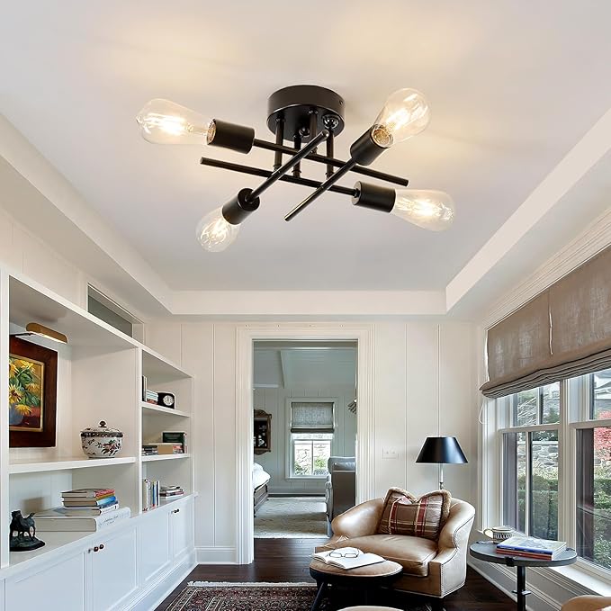 ZGLAOJT Indoor Ceiling Light with Motion Sensor 4 Light Semi Flush Mount Ceiling Light Black Matte with E26 Base Modern Chandelier for Farmhouse Kitchen Dining Room Bedroom Study Living Room.
