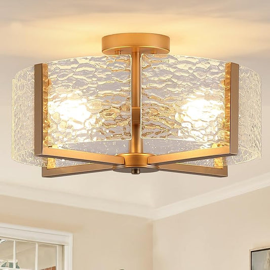 18 inch Large Gold Semi Flush Mount Drum Ceiling Light Fixture, 4-Light Glass Close to Ceiling Lighting Fixtures for Bedroom Hallway Kitchen Foyer Bathroom Closet Entryway Laundry Room