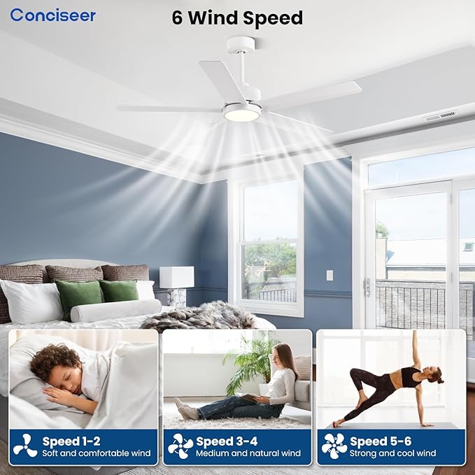 Modern Ceiling Fans with Lights,52 Inch Ceiling Fans with Remote for Bedroom Living Room Kitchen, 18W 3CCT Dimmable，5 Blades 6 Speed Reversible Quiet DC Motor White