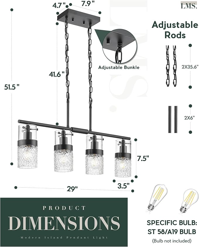 LMS 4-Light Island Lights, Farmhouse Light Fixtures with Hammered Glass Shade, Matte Black Linear Chandelier Pendant Lighting Over Table for Adjustable Height, Kitchen Island, LMS-171BK-4 - Aura Lighting