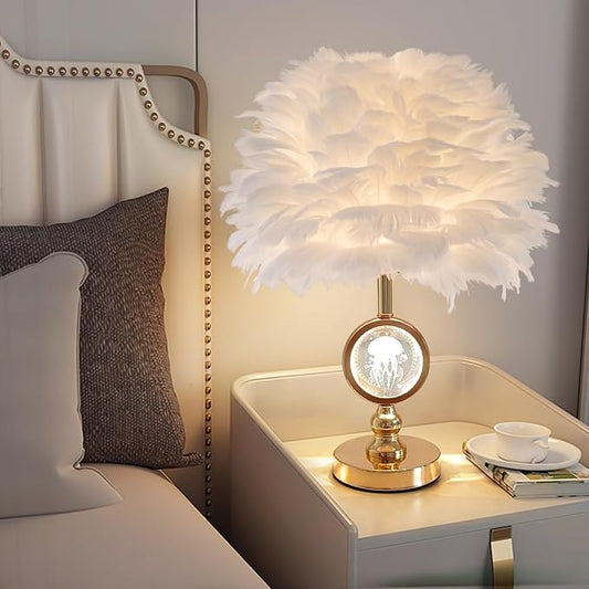 White Feather Lamp Norble Fluffy Table Lamp Creative Princess Goose Feather Desk Lamp Girl Wedding Christmas Gift Bedroom Romantic Bedside Nightstanding Light for Living Room Entry - Aura Lighting
