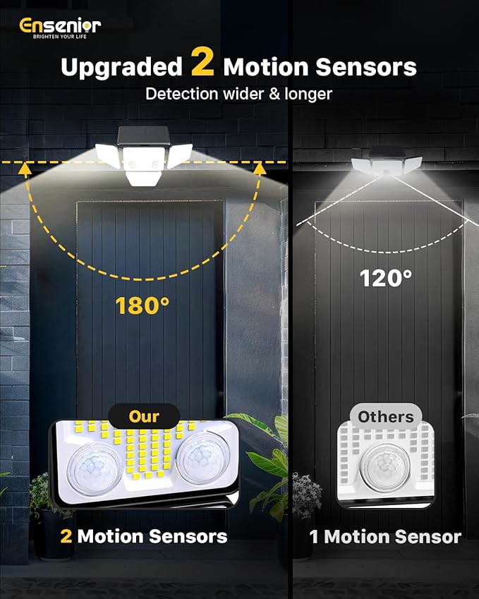 Ensenior Solar Lights Outdoor, Motion Sensor Outdoor Light with Remote Control, IP65 Waterproof 279 LED 4 Heads Solar Security Light with 4 Mode, 270° Wide Angle Solar Flood Light for Outside, 2 Packs