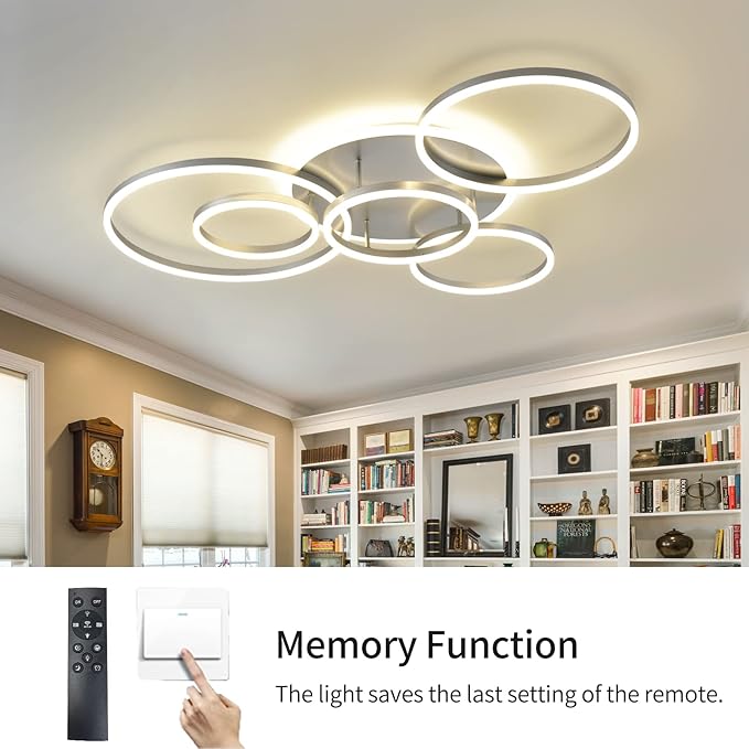 Modern LED Ceiling Light Silver Dimmable 5 Rings Flush Mount Ceiling Light Fixtures with Remote Control 106W 10000LM Ceiling Lighting for Living Room Bedroom Kitchen Dining Room 3000-6000K