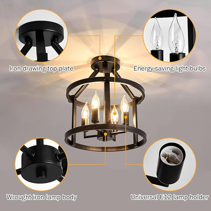 UOFUS Metal Semi Flush Mount Ceiling Light Fixture 4 Candle Holder Matte Chandelier Farmhouse Ceiling Lamp for Dining Room Bedroom Kitchen Hallway Entryway（Black） - Aura Lighting