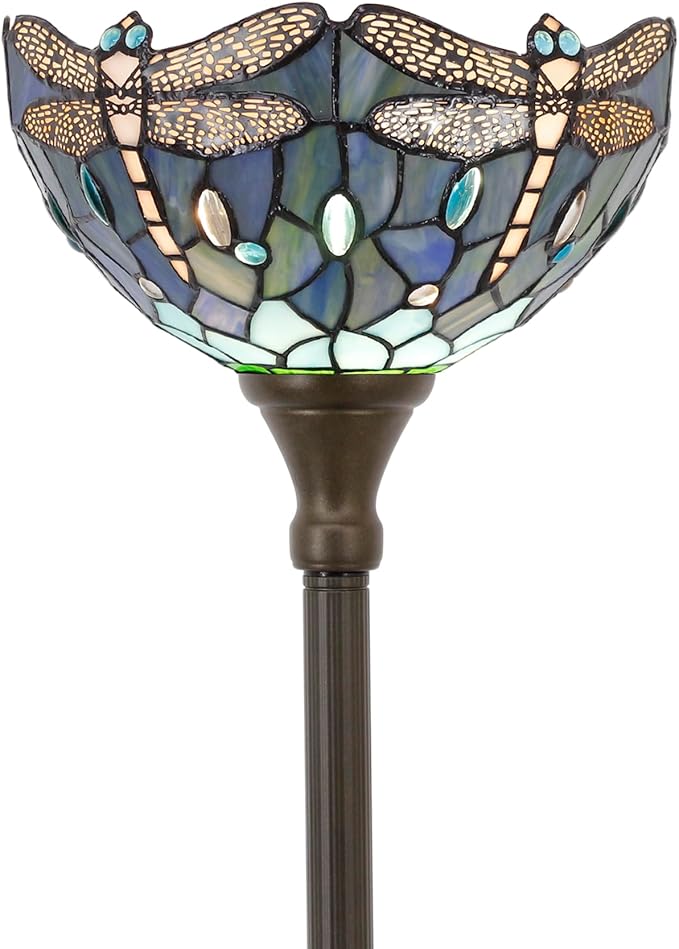 Tiffany Torchiere Floor Lamp Stained Glass Blue Dragonfly Style Standing Corner Torch Uplight 12X12X72 Inch for Bedroom Living Room Home Office