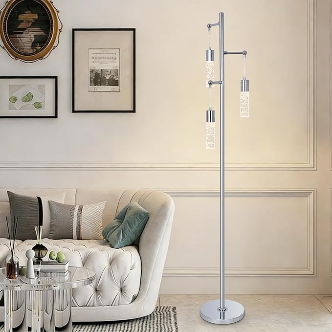 Bubble Crystal Floor Lamps for Living Room, Industrial Modern Standing Lamp with 3 Built-in LED Lights, ON/Off Foot Switch, 65IN Tall Tree Floor Lamp for Bedroom Corner Home Office, Silver