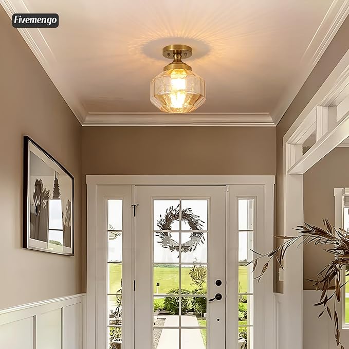 9in Semi Flush Mount Ceiling Light Fixture, Small Vintage Striated Glass Kitchen Lighting Fixtures Ceiling Mount for Entryway Hallway Bedroom Dining Room Bathroom Foyer Laundry (Amber)