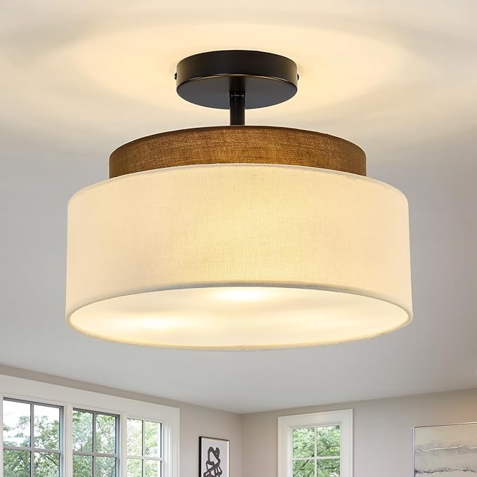 13" Double Drum 3-Light Semi Flush Mount Ceiling Light Fixture Farmhouse Fabric Chandelier with Linen Shade Rustic Black Ceiling Lamp for Bedroom Kitchen Dining Room Hallway Entryway - Aura Lighting