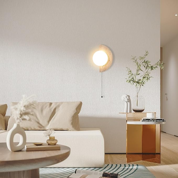 Semi Circle Yellow Travertine Wall Sconce, Wabi Sabi Marble Wall Light with Glass Lampshade and Pull Switch, Half Moon Natural Stone Wall Lamp for Bedroom Living Room Hallway(Right)