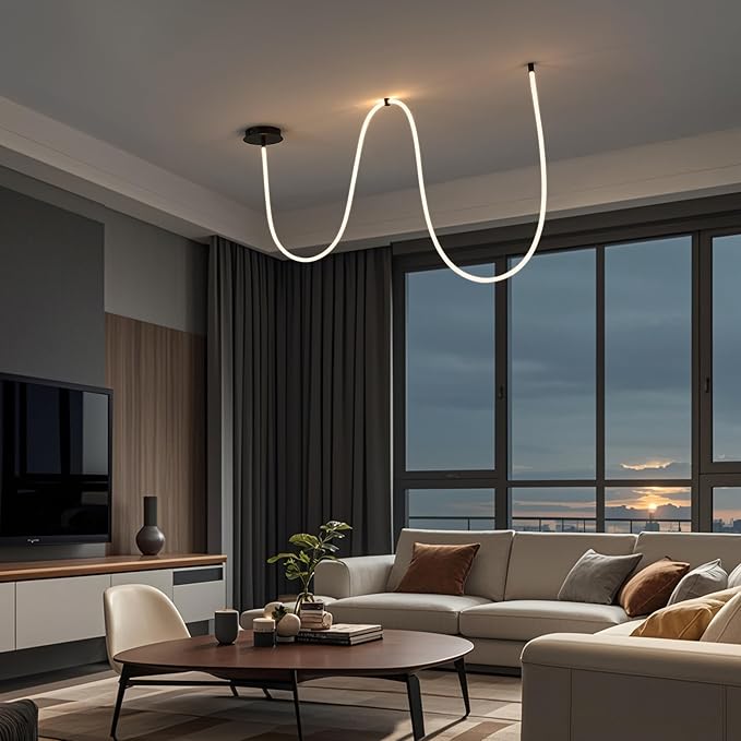 JONATHAN Y 55" Black Modern Minimalist Linear LED Flush Mount Light, 360° Adjustable Silicone Neon Rope, Dimmable Lamp for Bedroom, Living Room, Home Office (JYL7142B)