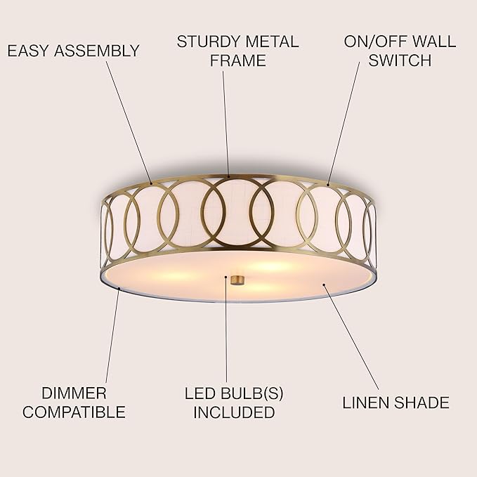 JONATHAN Y 12.25" Brass Gold Modern Metal LED Flush Mount Ceiling Light for Bedroom Hallway, White Linen Drum Shade with Geometric Fretwork, LED Bulbs Included (JYL3503A)