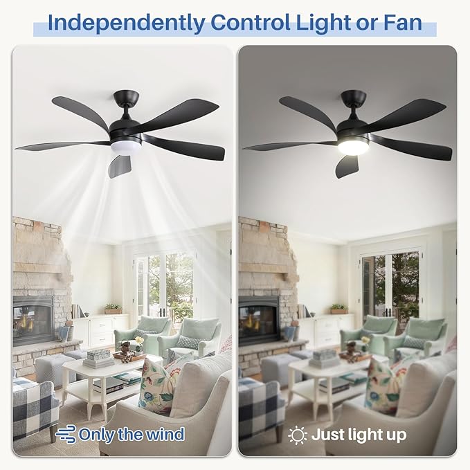 Sofucor 52 Inch Ceiling Fans with Lights and Remote, Outdoor Ceiling Fan with Light 6-Speed 3 CCT 3-Timer, Black Low Profile Ceiling Fan 5 Blade Reversible DC Motor for Living Room Bedroom Patio
