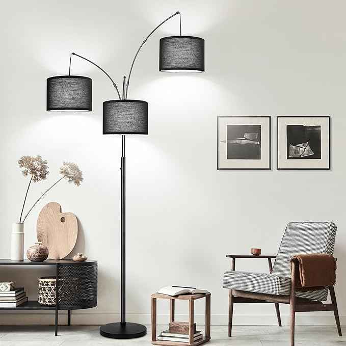 Dimmable Floor Lamp, 3 Lights Black Arc Floor Lamps for Living Room, Modern Tall Standing Tree Lamp with Black Shade & Heavy Base, Large Floor Lamp for Bedroom Office, 3x1000 LM LED Bulbs Included
