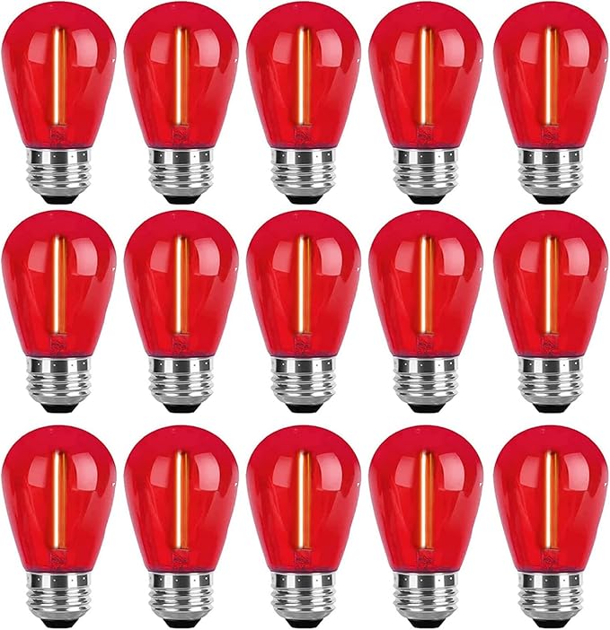 15 Pack S14 LED Bulbs Red Christmas Replacement Bulb 1W LED String Light Bulbs Vintage LED Edison Bulb E26 Base Plastic Decorative Bulb Filament String Lights for Outdoor Patio Home Decor(Red)