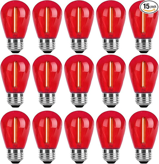 15 Pack S14 LED Bulbs Red Christmas Replacement Bulb 1W LED String Light Bulbs Vintage LED Edison Bulb E26 Base Plastic Decorative Bulb Filament String Lights for Outdoor Patio Home Decor(Red)