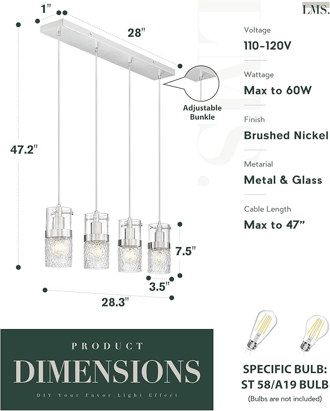 LMS 4-LightIsland Lighting, Brushed Nickel Kitchen Island Light Fixture, Farmhouse Linear Chandeliers for Dining Room Over Table Pendant Light with Hammered Glass for Living Room, LMS-171BN4L - Aura Lighting