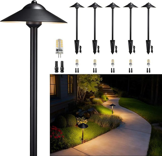 Gardenreet Brass Low Voltage Pathway Lights (9" Shade, 23.5" Tall) - Black 12V Path Light Waterproof, Wired Outdoor LED Landscape Area Lighting for Garden Walkway with 3W 270LM 4000K G4 Bulb (6 Pack) - Aura Lighting
