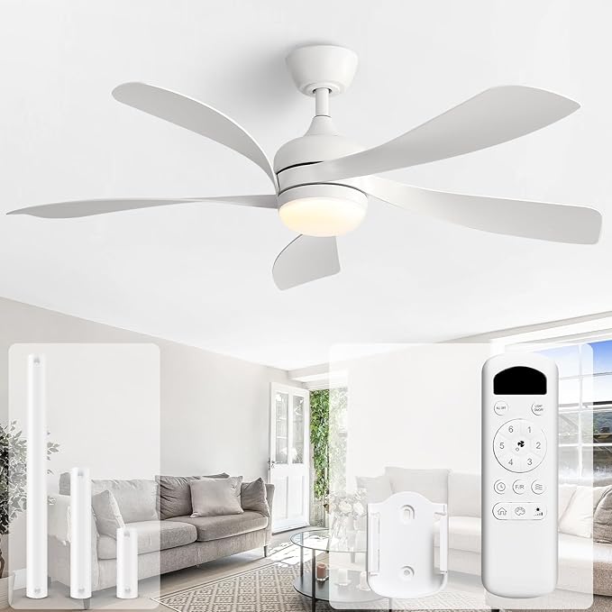 Sofucor 52 Inch Ceiling Fans with Lights and Remote, Outdoor Ceiling Fan with Light 6-Speed 3 CCT 3-Timer, White Low Profile Ceiling Fan 5 Blade Reversible DC Motor for Living Room Bedroom Patio