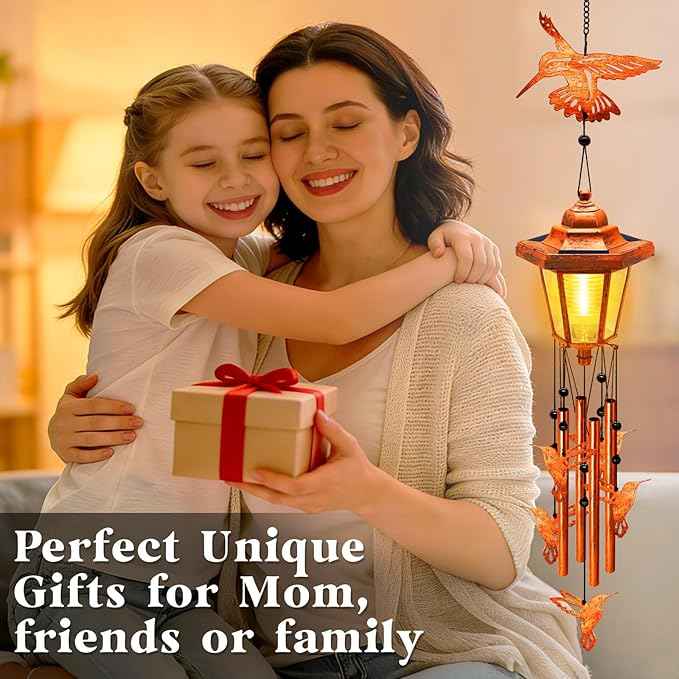 Hummingbird Solar Wind Chimes for Outside, Birthday Gifts for Mom Women Grandma Mother's Day Memorial, 34-Inch Windchimes with Wind Spinner, Outdoor Hanging Solar Lights Waterproof Yard Garden Decor