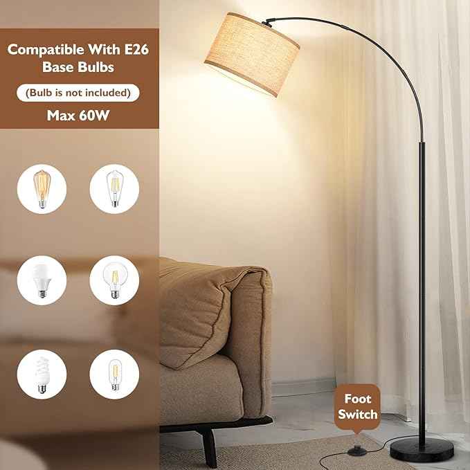 79'' Arc Floor Lamps for Living Room, Modern Standing Lamp with Adjustable Hanging Drum Shade, Black Tall Pole Lamp with Weighted Base & Edison E26 Socket, Corner Light for Reading Bedroom Office