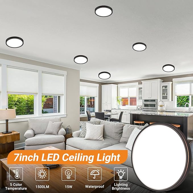 slochi 2Pack LED Flush Mount Ceiling Light Fixture, 7 Inch 15W, 1500LM, Super Slim 0.7 Inch, 3000K-6500K Adjustable Low Profile LED Ceiling Lights for Bathroom, Closet, Hallway(Oil Rubbed Bronze)