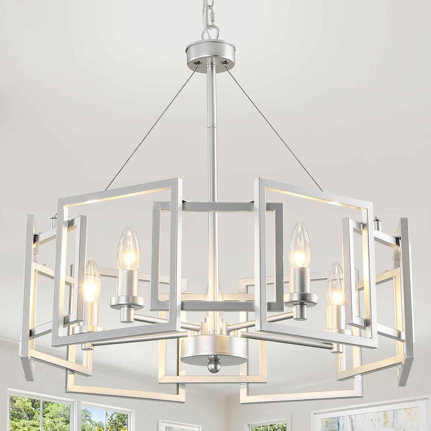 Modern Chandelier Chrome Geometric Pendant Lighting Fixture 5-Light Metal Farmhouse Chandelier for Dining Room Living Room entryway Kitchen Bedroom Island