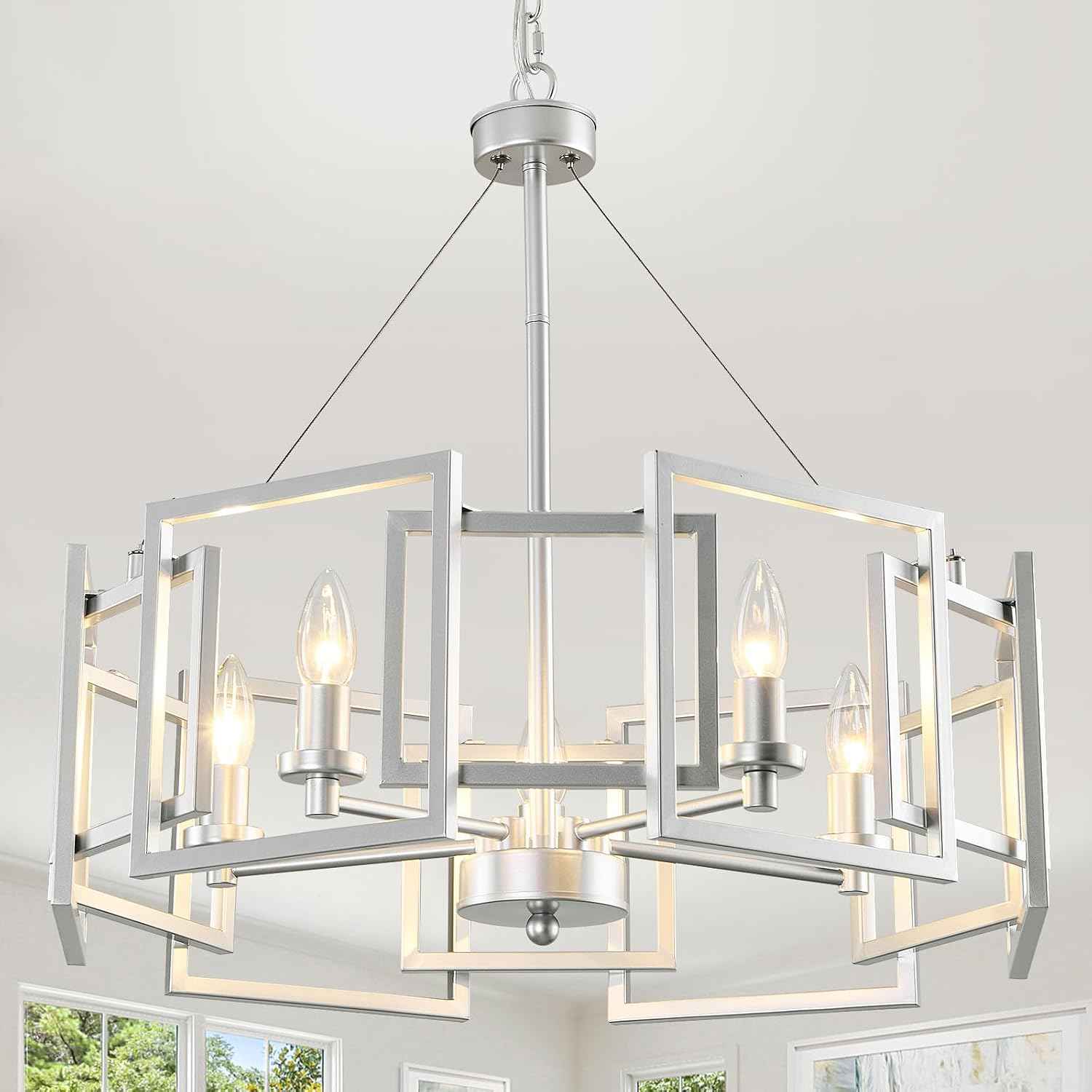 Modern Chandelier Chrome Geometric Pendant Lighting Fixture 5-Light Metal Farmhouse Chandelier for Dining Room Living Room entryway Kitchen Bedroom Island