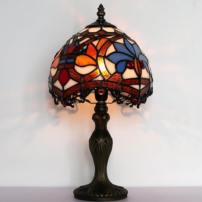 Tiffany Style Lamp Stained Glass Table Lamp 8 x 14.5 Mini Accent Light Yellow Phoenix Tail Design Small Decorative Bedside Reading Memory Lamp