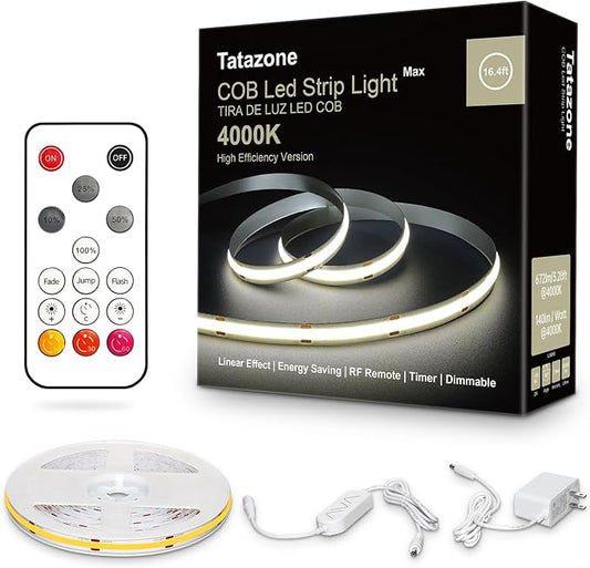 White COB Led Strip Lights Max with RF Remote, 16.4ft 4000K Dimmable Ultra Bright Neutral White COB Light Strip, Indoor COB Led Lights for Mirror, Ceiling, Kitchen, Room, Cabinet, Closet