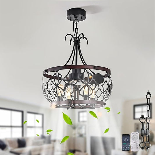 Garwarm 21 inch Ceiling Fans with Lights,Black Industrial Caged Flush Mount Ceiling Fans with Remote,Rustic Chandelier Ceiling Fan for Dining Room Bedroon Kitchen, 6 Speed Timing