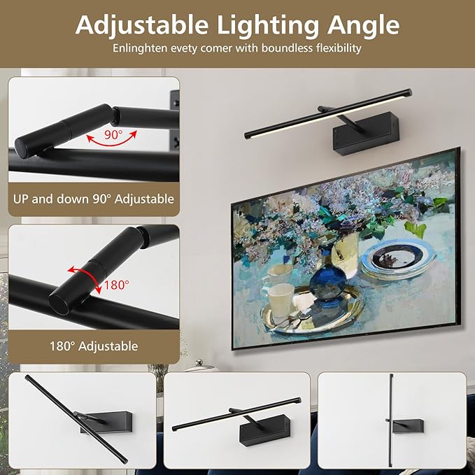 Wireless Picture Lights, 16in Black Battery Operated Wall Sconce, 3 Color Temperature Dimmable and Timer Wireless Picture Light with Remote for Display, Artwork, Gallery